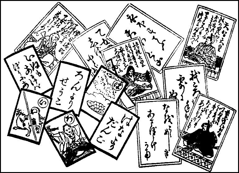江戸いろはかるたの読み札・絵札と百人一首の札が散らばった線画