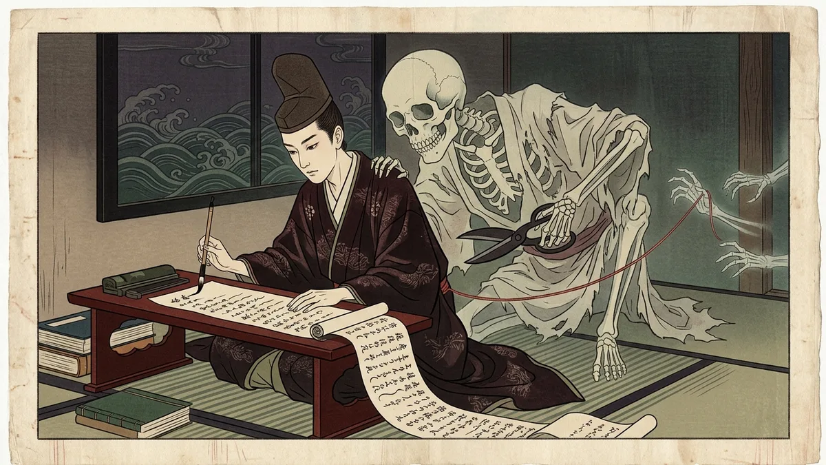死神に命の糸を断ち切られようとしているとも知らず、書物に囲まれて一心に筆を執る若い才人
