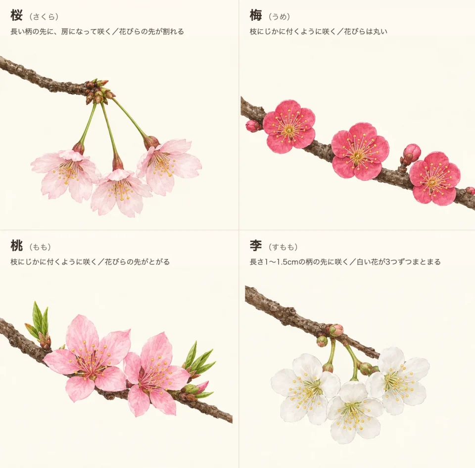 桜・梅・桃・李の花の付き方と花びらの形の比較図
