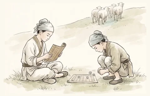読書と博打に夢中の二人の背後で、羊が丘を越えて去っていく
