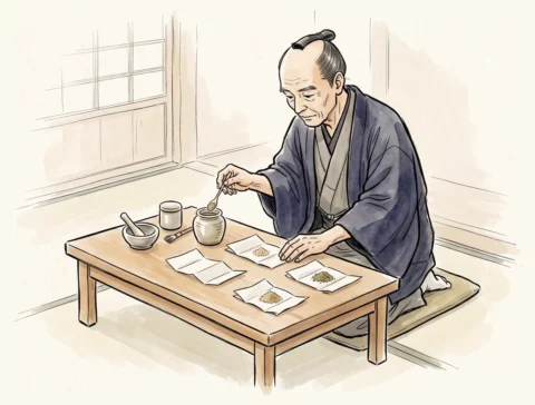 着物姿の医者が座卓に向かい、壺から小さな匙で粉薬をすくって、並べた紙の上に少しずつ盛り分けている