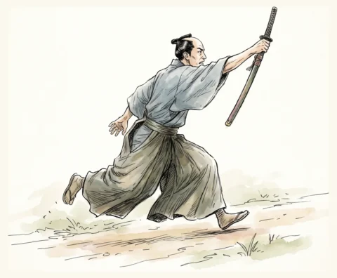 袴姿の武士が、刀を腰に差さず鞘ごと片手で高く掲げて、前のめりに道を駆けていく