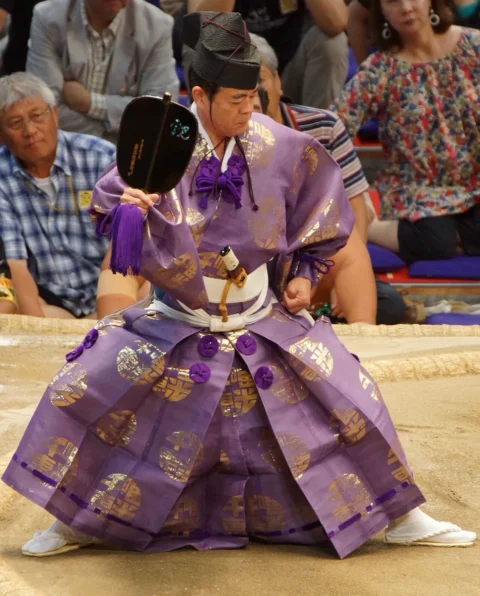 土俵の上で、烏帽子をかぶり紫の装束を着た行司が、房のついた黒い軍配を胸の高さに掲げて構えている