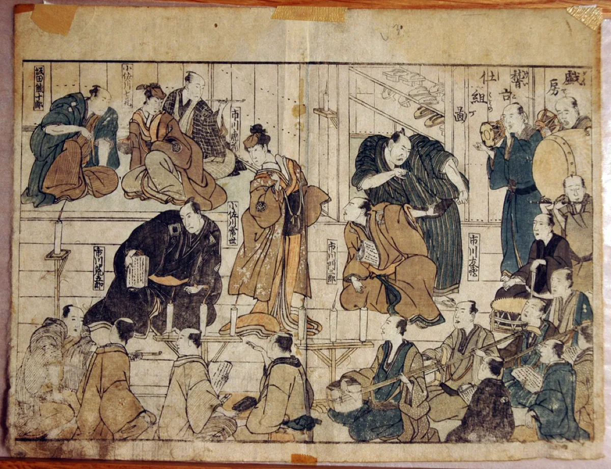 畳の間で役者たちが台本を手に稽古し、右側で鼓・大太鼓・笛・締太鼓・三味線の奏者が演奏している木版画
